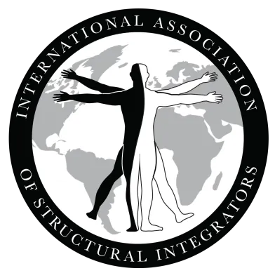 Logo of the International Association of Structural Integrators featuring a silhouette of a Vitruvian Man in front of a world map.