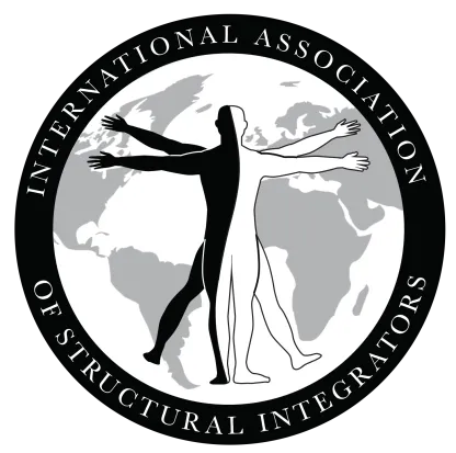 Logo of the International Association of Structural Integrators featuring a Vitruvian-style figure in front of a world map